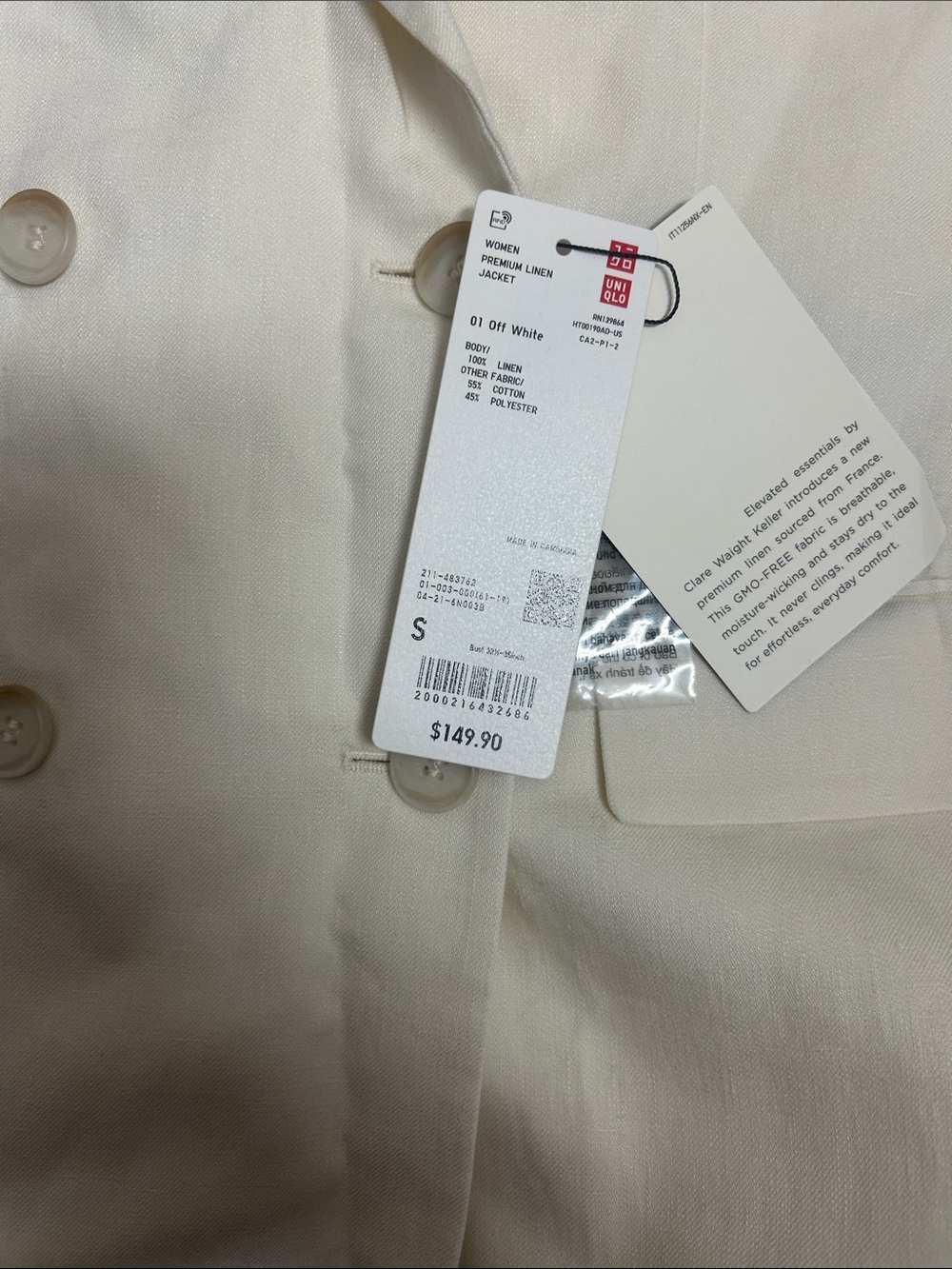 NWT (size small) Uniqlo 100% Premium Linen Jacket - Picture 6 of 7
